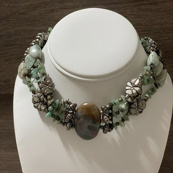 Unknown Jewelry - Handmade Genuine Agate Stone Three Row Silver Tone Choker Boho Necklace 14"-16"